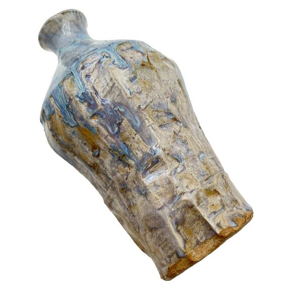 Studio Pottery 8" Vase Blue Tan Heavy Drip Chunky Texture Glossy Artist Signed - Picture 5 of 12